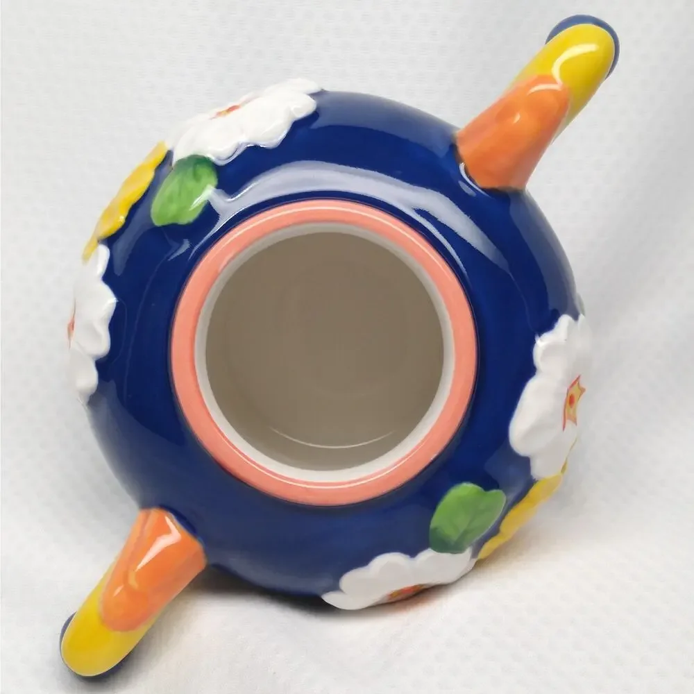 Department 56 Primrose Sugar Creamer Set Floral 3D Blue Yellow 1990s Vintage